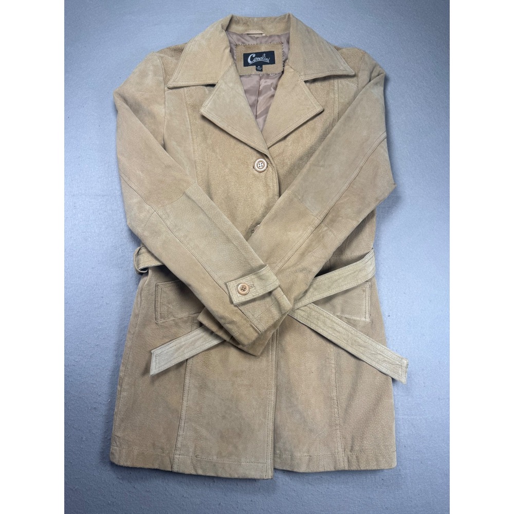 Cavalini Womens Tan Suede Leather Trench‎ Coat Belted Mid Length Jacket Size M
